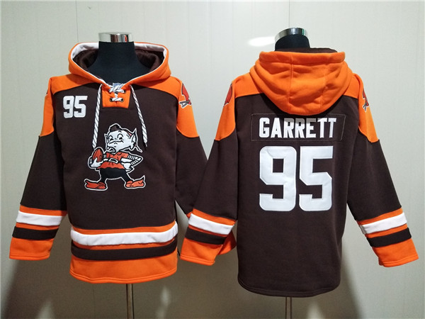 Men's Cleveland Browns #95 Myles Garrett Brown Lace-Up Pullover Hoodie